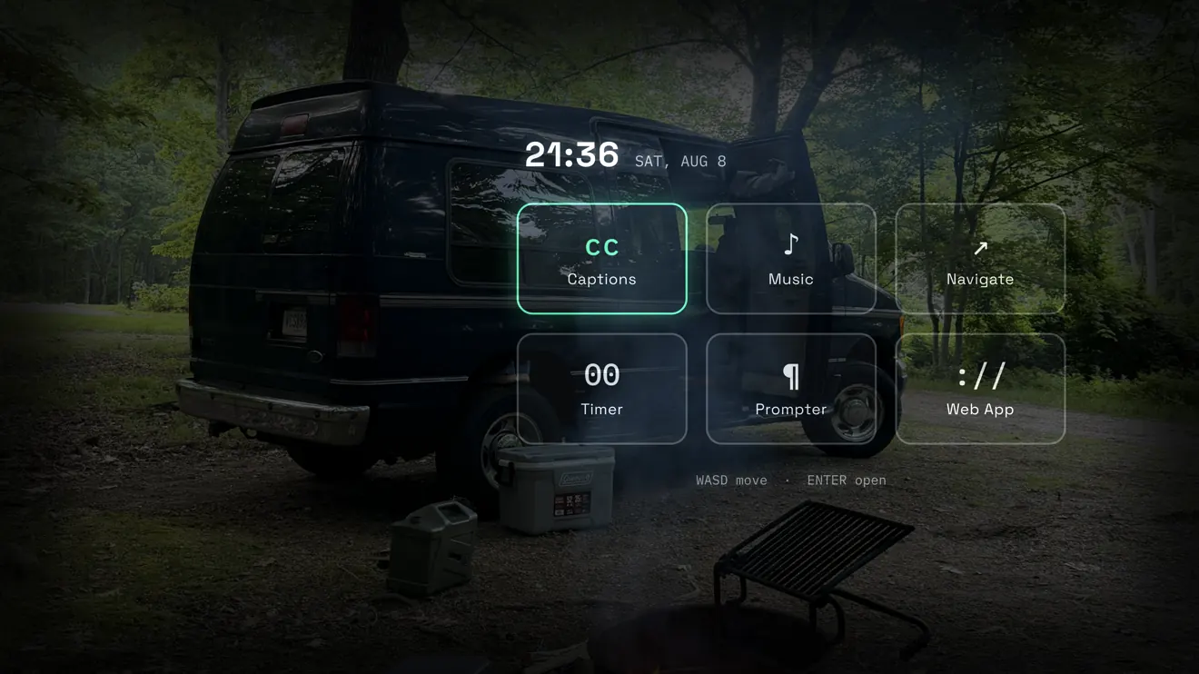 The in-lens launcher composited over a photograph of a campsite